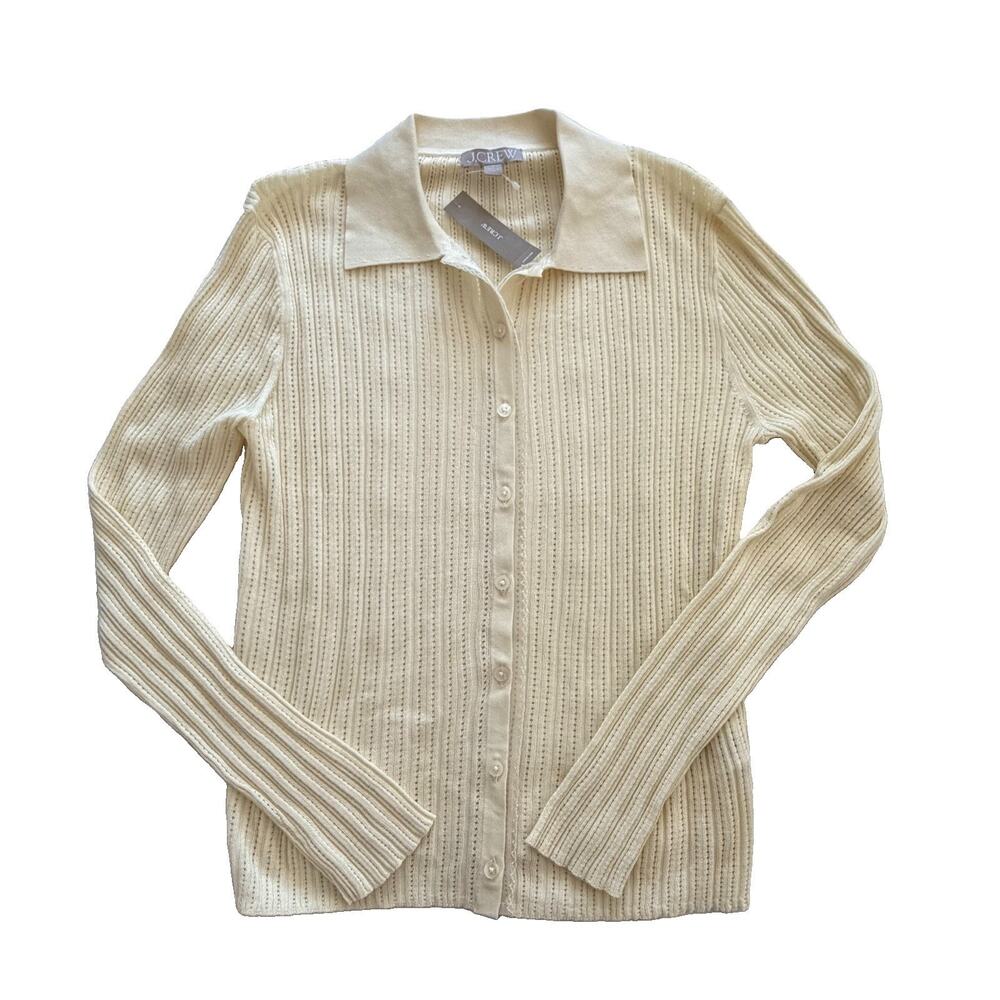 New J.Crew Ivory Eyelet Cardigan Sweater Lace Trim Womens L NWT